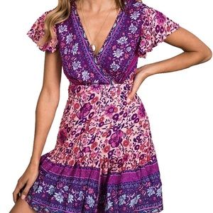 ZESICA Women’s Summer Wrap V Neck Bohemian Floral Ruffle Swing A Line Mini Dress